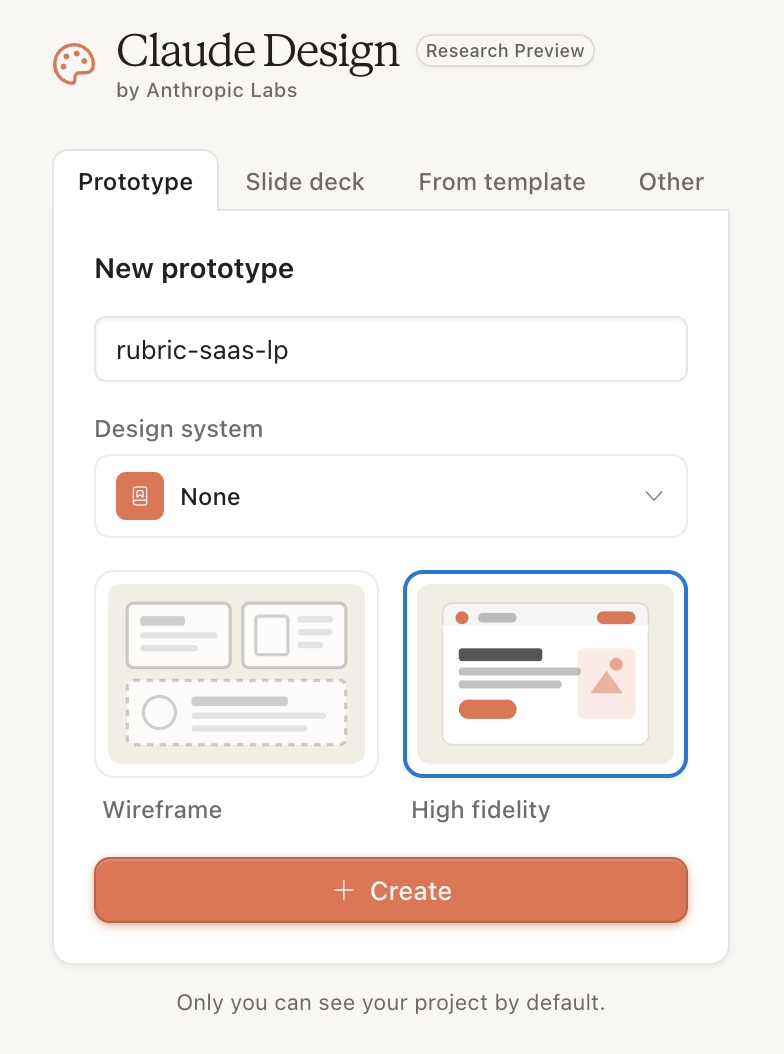 Claude Design 메인의 New project 패널 — Prototype·Slide deck·From template·Other 4가지 탭이 보이는 화면